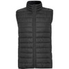 A black padded vest featuring a full zip front and high collar, with a quilted design and no sleeves.