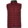 A burgundy padded vest with a high collar and front zipper, featuring a contrasting inner lining and a logo.