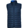 A navy padded vest with a high collar, featuring quilted detailing and a zipper down the front, includes a logo.