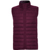 A padded vest in a rich burgundy colour, featuring a high collar and a front zip, with a logo.