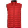 A red padded vest with a high collar and a front zip, featuring a logo on the fabric.