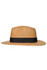 A straw hat in a natural tan colour with a wide black ribbon band. Features a logo on the side.