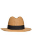 A tan straw Traveller Hat with a black band, featuring a classic wide brim design.