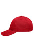 A red six-panel workwear cap featuring an adjustable strap and a simple design. It includes a logo on the front.
