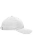 A white 6-panel workwear cap featuring a buckle adjustment and a logo on the front.