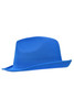A blue promotional hat with a distinctive shape and a branding logo. Ideal for various occasions.