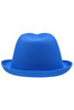 A blue promotional hat with a structured design and a wide brim. It features a logo on the side.
