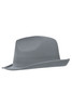 A grey fedora hat featuring a wide brim and a structured crown, with a simple logo on the side.