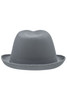 A grey promotional hat with a rounded top and a wide brim, featuring a logo on the side.