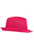 A pink promotional hat with a flat brim and classic design. It features a logo on the side.