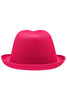A bright pink hat with a rounded crown and wide brim, featuring a logo on the side.
