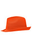 An orange promotional hat with a wide brim and a structured crown, featuring a logo.