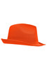 An orange promotion hat with a structured design and wide brim, featuring a logo.