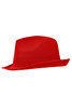 A red promotional hat with a wide brim and a stylish design. Features a logo on the band.