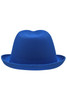 A blue hat with a rounded top and wide brim, featuring a logo.