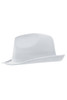 A white hat with a short brim and a sleek design, featuring a logo on the side.