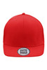 A red 6-panel cap featuring a flat brim and a logo on the front.
