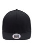 A black six-panel cap featuring a flat brim and a logo on the front.