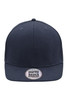 A navy blue 6-panel cap with a flat brim and a logo on the front.