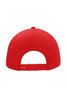 A red cap features a six-panel design and an adjustable strap at the back. It has a logo on the side.