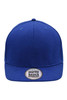 A blue six-panel cap with a flat brim and a logo on the front.