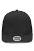 A black six-panel trucker cap featuring a curved brim and an attached logo on the front.