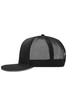 A black mesh trucker cap with a six-panel design and a curved brim, featuring a logo on the front.