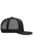 A black mesh trucker cap featuring a six-panel design and a curved brim. It includes a branding logo.