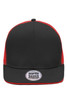 A black and red trucker cap featuring mesh panels and a branded logo on the front.