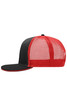 A black and red trucker cap with a mesh back and a flat brim, featuring a logo on the front.