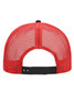 A red trucker cap with a mesh back, featuring a snap closure and a logo on the back.