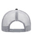 A grey mesh trucker cap featuring six panels and an adjustable strap at the back, with a logo present.