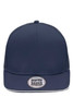A navy blue trucker cap featuring a mesh back and a flat brim, with a logo at the front.