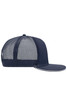 A navy blue trucker cap with a mesh back and a curved brim, featuring a logo on the front.