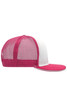 A pink and white trucker cap with a mesh back and a curved brim. It features a branding logo.