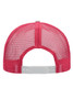 A pink mesh trucker cap featuring a six-panel design and an adjustable snapback closure.