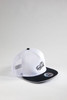 A white and black 5-panel trucker cap with a mesh back and a logo on the front.