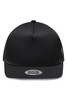 A black five-panel trucker cap with mesh back and a branded patch on the front.
