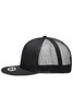 A black Pro Cap Mesh 5 Panel Trucker hat featuring a mesh back and a flat brim, with a logo present.