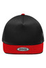 A black and red five-panel trucker cap featuring a mesh back and a logo on the front.