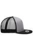 A grey trucker cap with a black brim and mesh back, featuring a branded logo on the side.