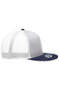 A five-panel trucker cap with a navy peak and white mesh back, featuring a branding logo.