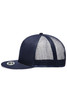 A navy blue trucker cap with a solid front panel and mesh backing. It features a curved brim and has a logo.