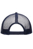 A navy blue 5-panel trucker cap featuring a mesh back and an adjustable strap. It includes a logo on the front.