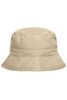 A bucket hat in a light beige colour with a simple design and a small logo.