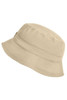 A beige bucket hat with a rounded crown and a wide brim, featuring a simple design and a logo.