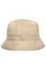 A beige bucket hat with a stitched band and a small logo present on the side.