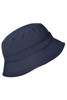 A navy blue bucket hat with a subtle texture and a logo, designed for outdoor activities.