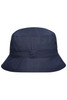 A navy bucket hat features a wide brim and a structured design, complete with a logo.