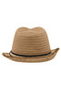 A straw hat in tan with a frayed edge and a black band around the base. It has a rounded crown.